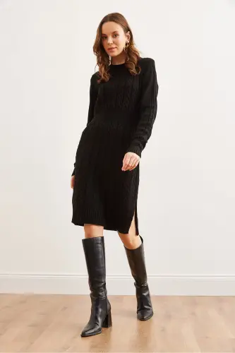 Kadın Siyah Beli Bantlı Yırtmaçlı Saç Örgü Mini Elbise ELB-19002289-Siyah - 3