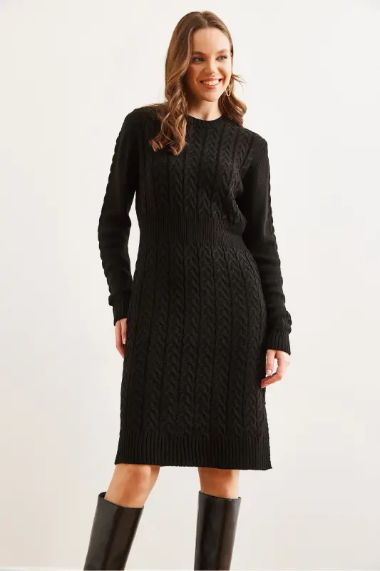 Kadın Siyah Beli Bantlı Yırtmaçlı Saç Örgü Mini Elbise ELB-19002289-Siyah - 4