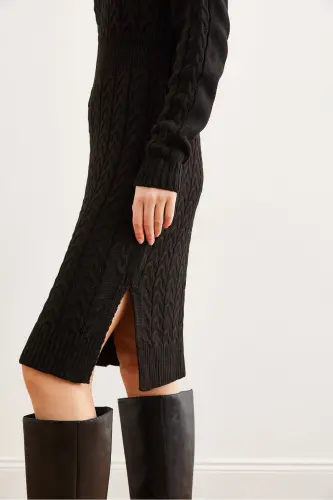 Kadın Siyah Beli Bantlı Yırtmaçlı Saç Örgü Mini Elbise ELB-19002289-Siyah - 5