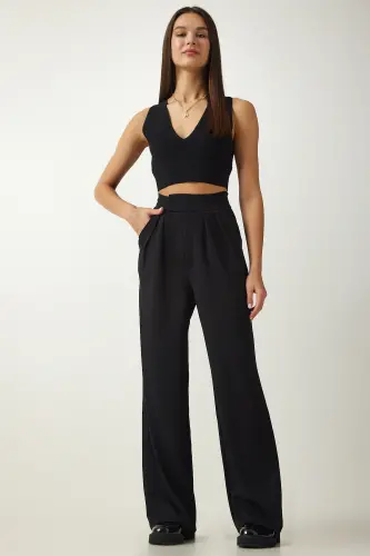 Kadın Siyah Beli Cırtlı Rahat Palazzo Pantolon Lİ00113-Siyah - HAPPINESS İSTANBUL (1)