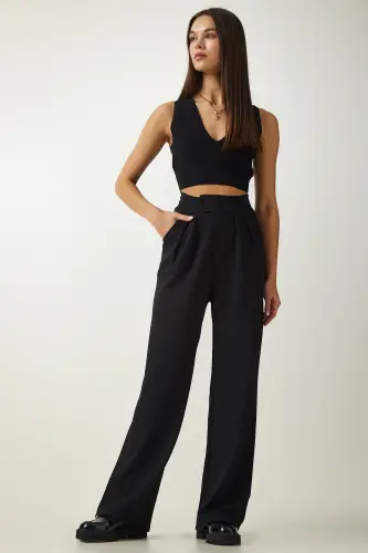 Kadın Siyah Beli Cırtlı Rahat Palazzo Pantolon Lİ00113-Siyah - 3