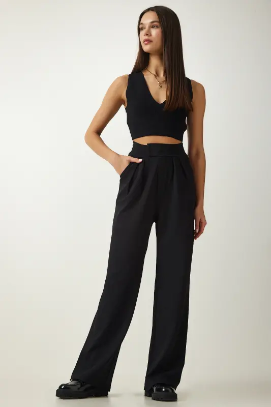 Kadın Siyah Beli Cırtlı Rahat Palazzo Pantolon Lİ00113-Siyah - 3