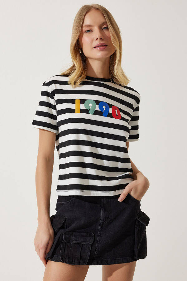 Kadın Siyah Beyaz Baskılı Çizgili Örme T-Shirt AN00181 - 2