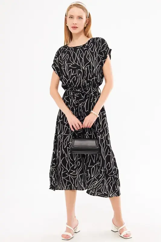 Kadın Siyah-Beyaz Beli Lastikli Bağlamalı Desenli Elbise ARM-22Y001044-Siyah - 2