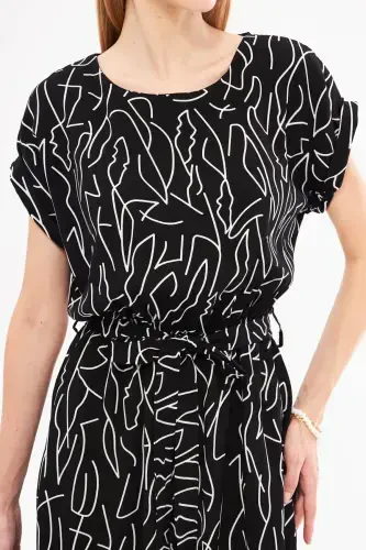 Kadın Siyah-Beyaz Beli Lastikli Bağlamalı Desenli Elbise ARM-22Y001044-Siyah - 4