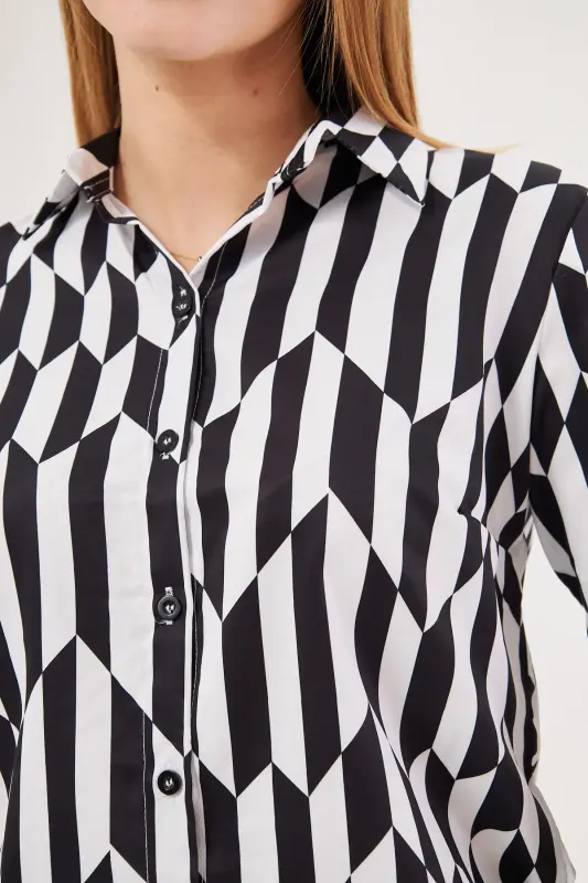 Kadın Siyah-Beyaz Desenli Uzun Kol Gömlek ARM-24K001017-Siyah - 4