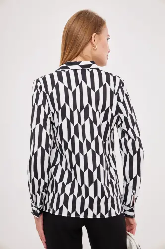 Kadın Siyah-Beyaz Desenli Uzun Kol Gömlek ARM-24K001017-Siyah - 5