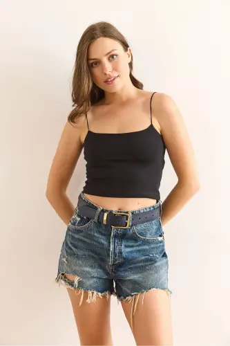 Kadın Siyah Beyaz İp Askılı Crop 2 li Paket Bluz BLZ-19003022 - Siyah Beyaz - 6