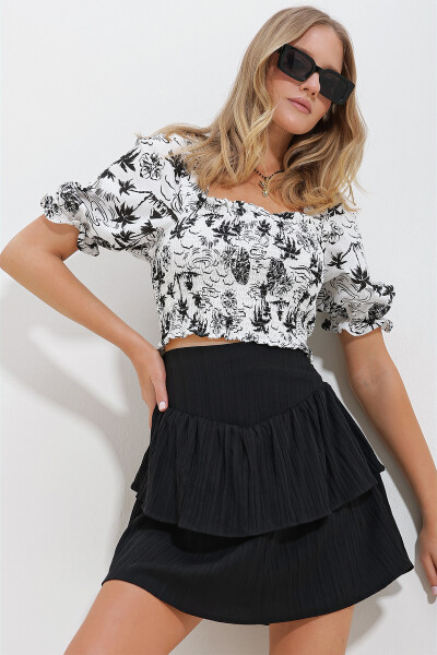 Schwarz-weiße kurze Leinenbluse für Damen mit quadratischem Kragen, Wassermelonenärmeln und elastischem Bund ALC-X11651 - SCHWARZ-WEISS - 4