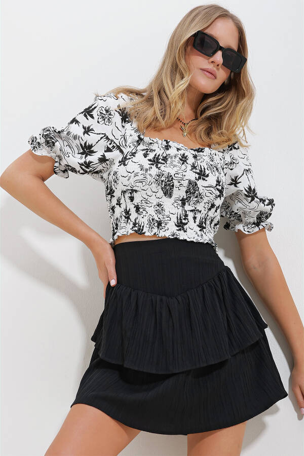 Schwarz-weiße kurze Leinenbluse für Damen mit quadratischem Kragen, Wassermelonenärmeln und elastischem Bund ALC-X11651 - SCHWARZ-WEISS - 4