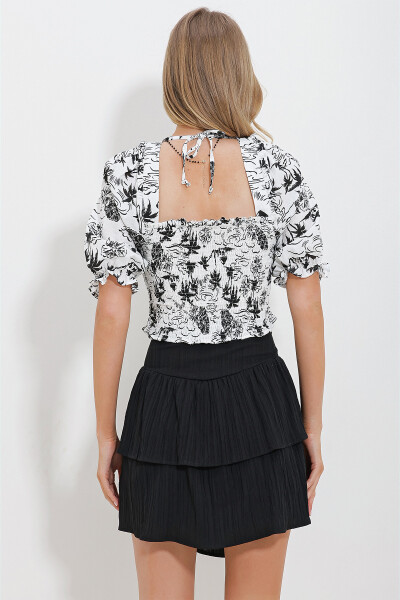 Schwarz-weiße kurze Leinenbluse für Damen mit quadratischem Kragen, Wassermelonenärmeln und elastischem Bund ALC-X11651 - SCHWARZ-WEISS - 5