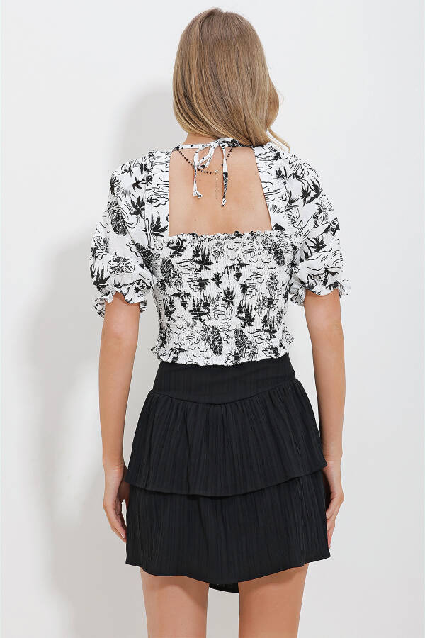 Schwarz-weiße kurze Leinenbluse für Damen mit quadratischem Kragen, Wassermelonenärmeln und elastischem Bund ALC-X11651 - SCHWARZ-WEISS - 5