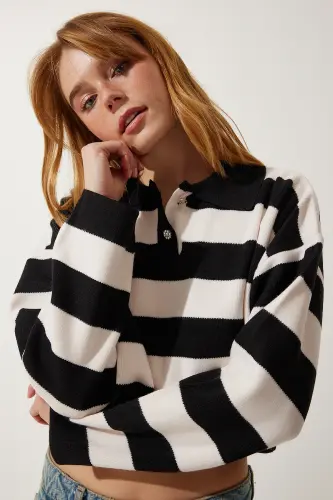 Kadın Siyah Beyaz Şık Düğmeli Yaka Çizgili Crop Triko Kazak BV00115-Siyah Beyaz - 3