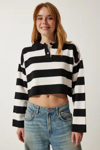 Schwarz-weißer, stilvoller, gestreifter kurzer Strickpullover mit geknöpftem Kragen für Damen BV00115 - Schwarz Weiß - 1