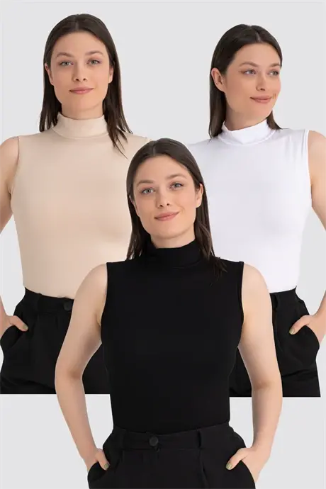 Kadın Siyah Beyaz Ten Balıkçı Yaka Kolsuz Body 3'lü Paket - BÜYÜKBEDENIZ