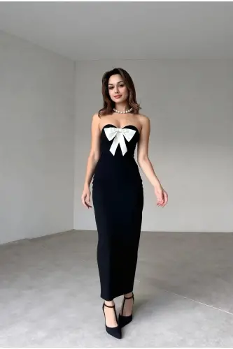 Kadın Siyah Beyaz Uzun Fiyonk Detaylı Abiye Elbise-Siyah beyaz 