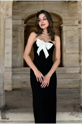 Kadın Siyah Beyaz Uzun Fiyonk Detaylı Abiye Elbise-Siyah beyaz - ALFUDO MODA COLLECTION (1)