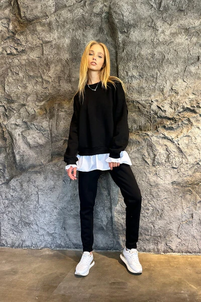 Kadın Siyah Bisiklet Yaka Eteği Gömlek Detaylı 3 İplik İçi Şardonlu Eşofman Takım ALC-X10897-Siyah - Modazone