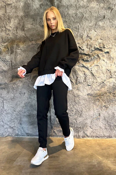 Kadın Siyah Bisiklet Yaka Eteği Gömlek Detaylı 3 İplik İçi Şardonlu Eşofman Takım ALC-X10897-Siyah - Modazone (1)