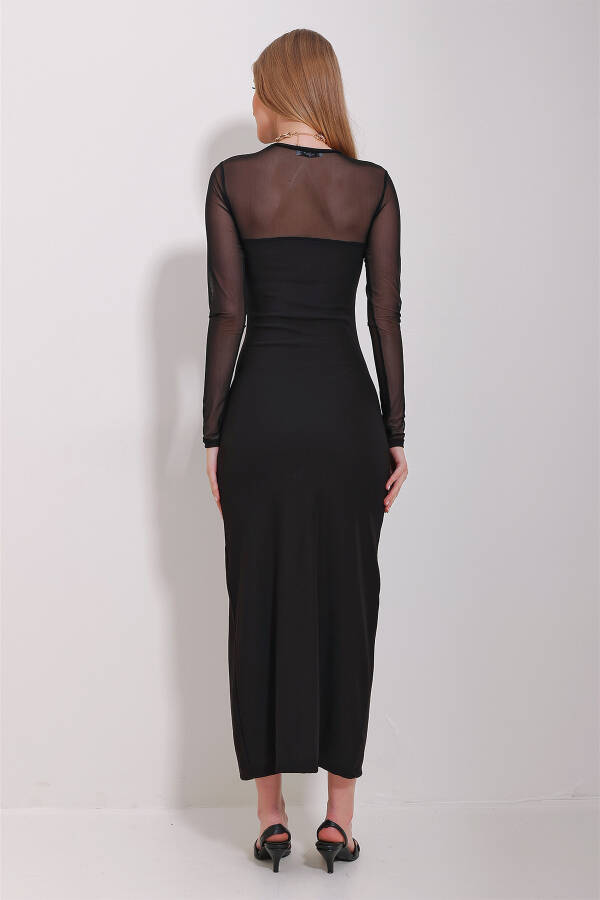 Schwarzes mittellanges Kleid mit Rundhalsausschnitt, Tülldetail und Schlitz für Damen ALC-X11516 - SCHWARZ - 5