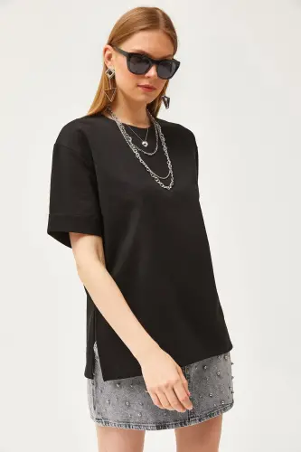 Kadın Siyah Bisiklet Yaka Yanı Yırtmaçlı Duble Kol Oversize Tişört TSH-19000796 - Siyah 