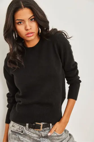 Kadın Siyah Bisiklet Yaka Yumuşak Dokulu Basic Triko Kazak KZK-19000845-Siyah - 2