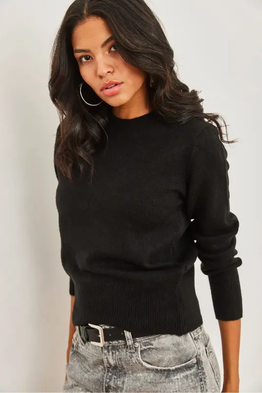 Kadın Siyah Bisiklet Yaka Yumuşak Dokulu Basic Triko Kazak KZK-19000845-Siyah - 3