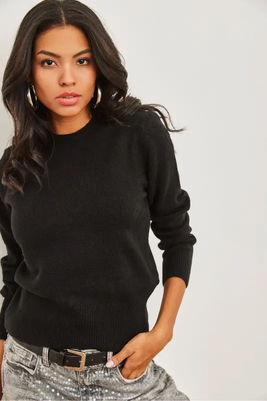 Kadın Siyah Bisiklet Yaka Yumuşak Dokulu Basic Triko Kazak KZK-19000845-Siyah - OLALOOK