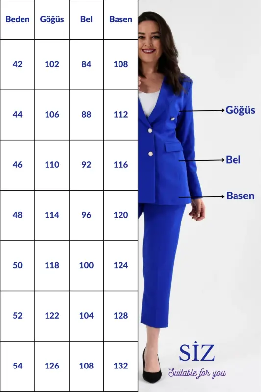 Kadın Siyah Blazer Ceket Kemerli Cepli Boru Paça Pantolon Büyük Beden Takım Elbise - Siyah - 7