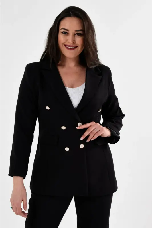 Kadın Siyah Blazer Ceket Kemerli Cepli Boru Paça Pantolon Büyük Beden Takım Elbise-Siyah - 3