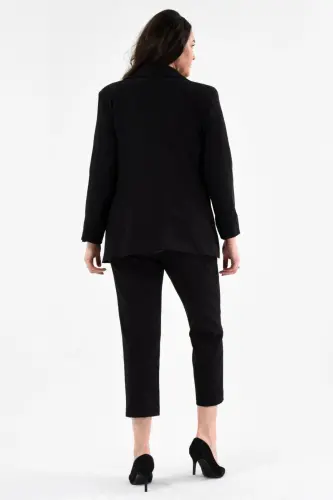 Kadın Siyah Blazer Ceket Kemerli Cepli Boru Paça Pantolon Büyük Beden Takım Elbise-Siyah - 6