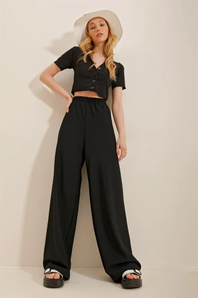 Kadın Siyah Bol Paça Viscon Pantolon Alc-X4354 - TREND ALAÇATI STILI