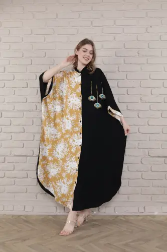 Kadın Siyah Büyük Beden Hakim Yaka Dokuma Elbise-hardal 