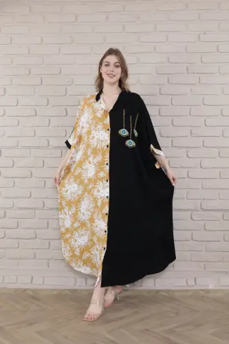 Kadın Siyah Büyük Beden Hakim Yaka Dokuma Elbise-hardal - 3