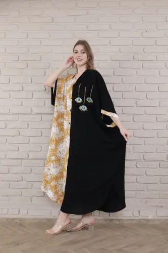 Kadın Siyah Büyük Beden Hakim Yaka Dokuma Elbise-hardal - 4