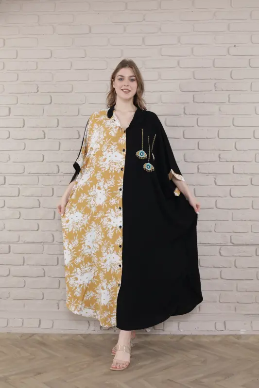 Kadın Siyah Büyük Beden Hakim Yaka Dokuma Elbise-hardal - 5