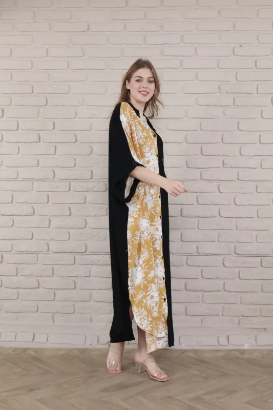 Kadın Siyah Büyük Beden Hakim Yaka Dokuma Elbise-hardal - 6