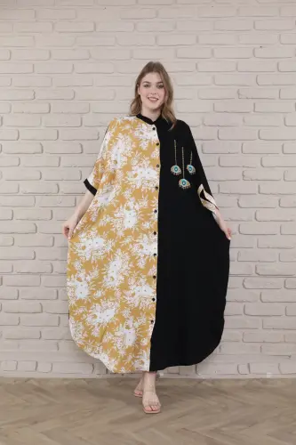 Kadın Siyah Büyük Beden Hakim Yaka Dokuma Elbise-hardal - 7