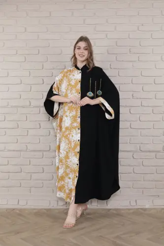 Kadın Siyah Büyük Beden Hakim Yaka Dokuma Elbise-hardal - 8