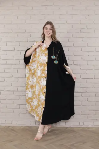 Kadın Siyah Büyük Beden Hakim Yaka Dokuma Elbise-hardal - MERVEMODA (1)