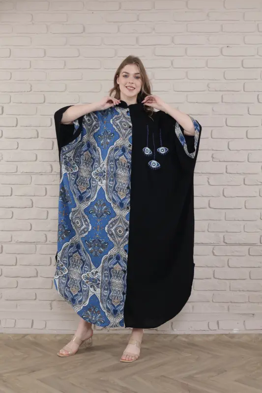 Kadın Siyah Büyük Beden Hakim Yaka Dokuma Elbise-indigo - 1