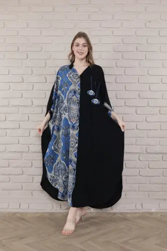 Kadın Siyah Büyük Beden Hakim Yaka Dokuma Elbise-indigo - 2