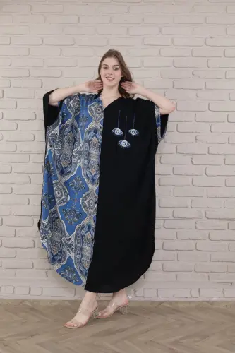 Kadın Siyah Büyük Beden Hakim Yaka Dokuma Elbise-indigo - 3