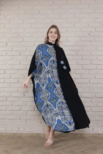 Kadın Siyah Büyük Beden Hakim Yaka Dokuma Elbise-indigo - 4