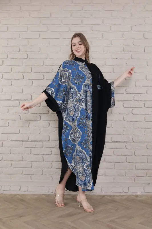 Kadın Siyah Büyük Beden Hakim Yaka Dokuma Elbise-indigo - 5