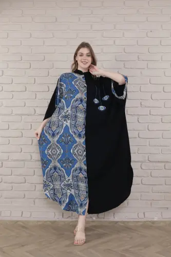 Kadın Siyah Büyük Beden Hakim Yaka Dokuma Elbise-indigo - 6