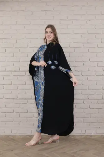 Kadın Siyah Büyük Beden Hakim Yaka Dokuma Elbise-indigo - 7