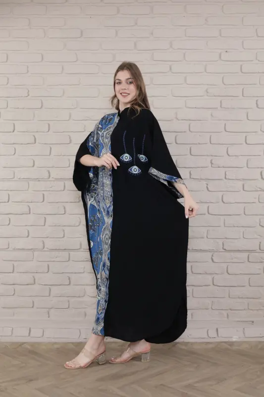 Kadın Siyah Büyük Beden Hakim Yaka Dokuma Elbise-indigo - 7