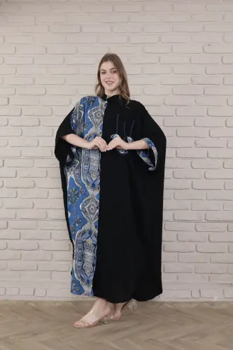 Kadın Siyah Büyük Beden Hakim Yaka Dokuma Elbise-indigo - 8