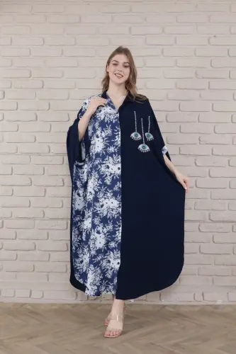 Kadın Siyah Büyük Beden Hakim Yaka Dokuma Elbise-mavi - MERVEMODA (1)